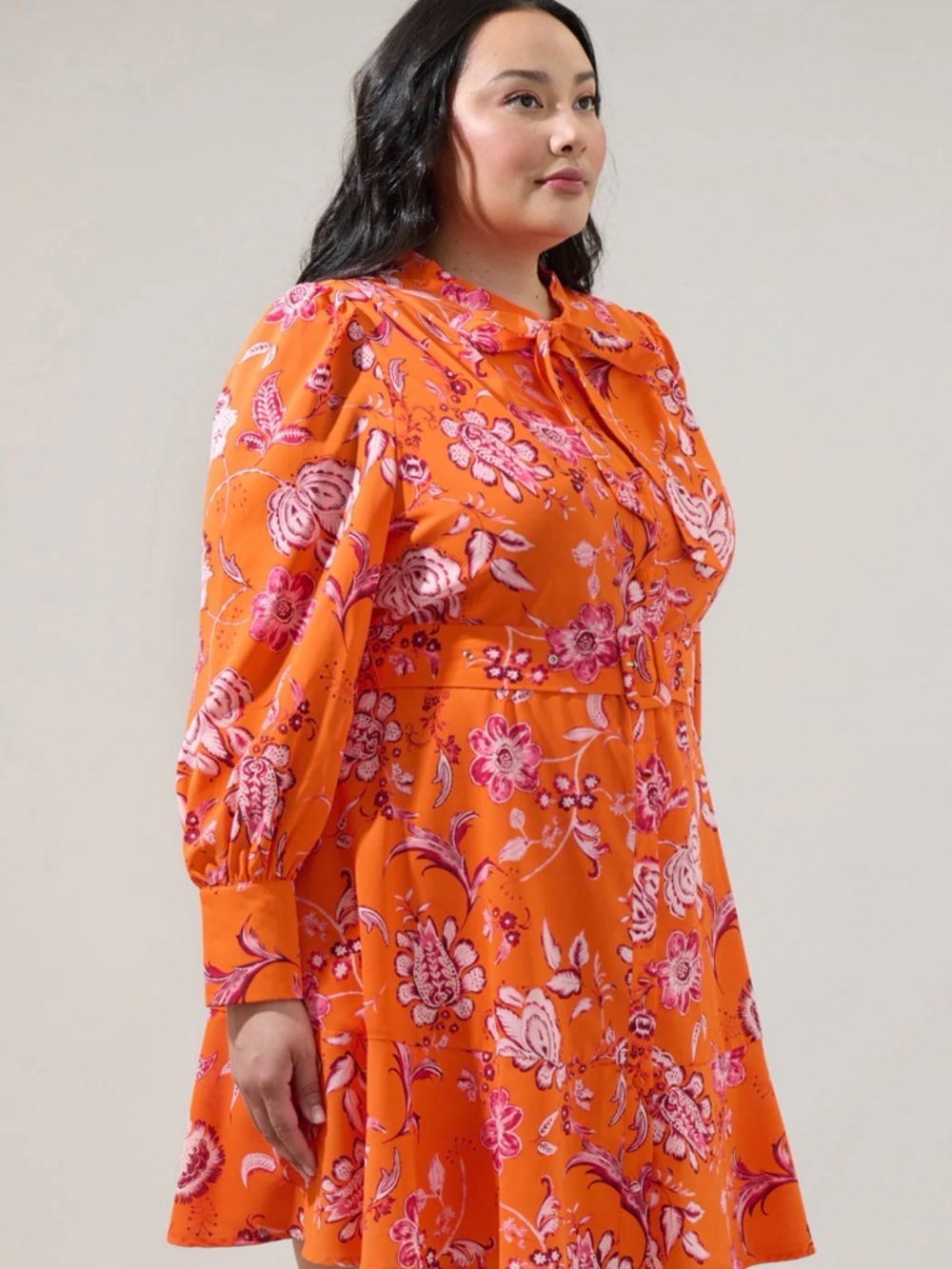 Sugarlips Cosmo Floral Flare Long-Sleeve Tie-Neck Dress